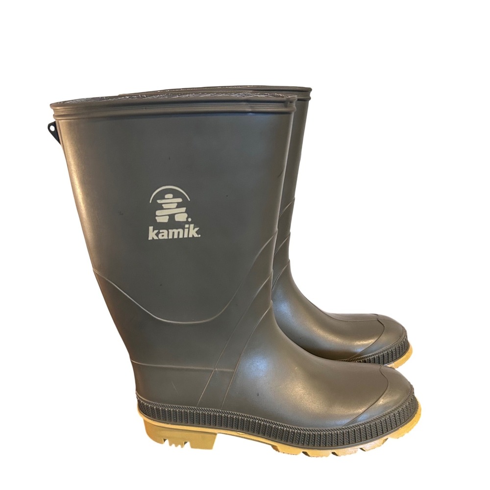 Kamik STOMP Waterproof Rain Boots Big Kids 6 Grey Olive Green Lug‎ Sole Gorpcore